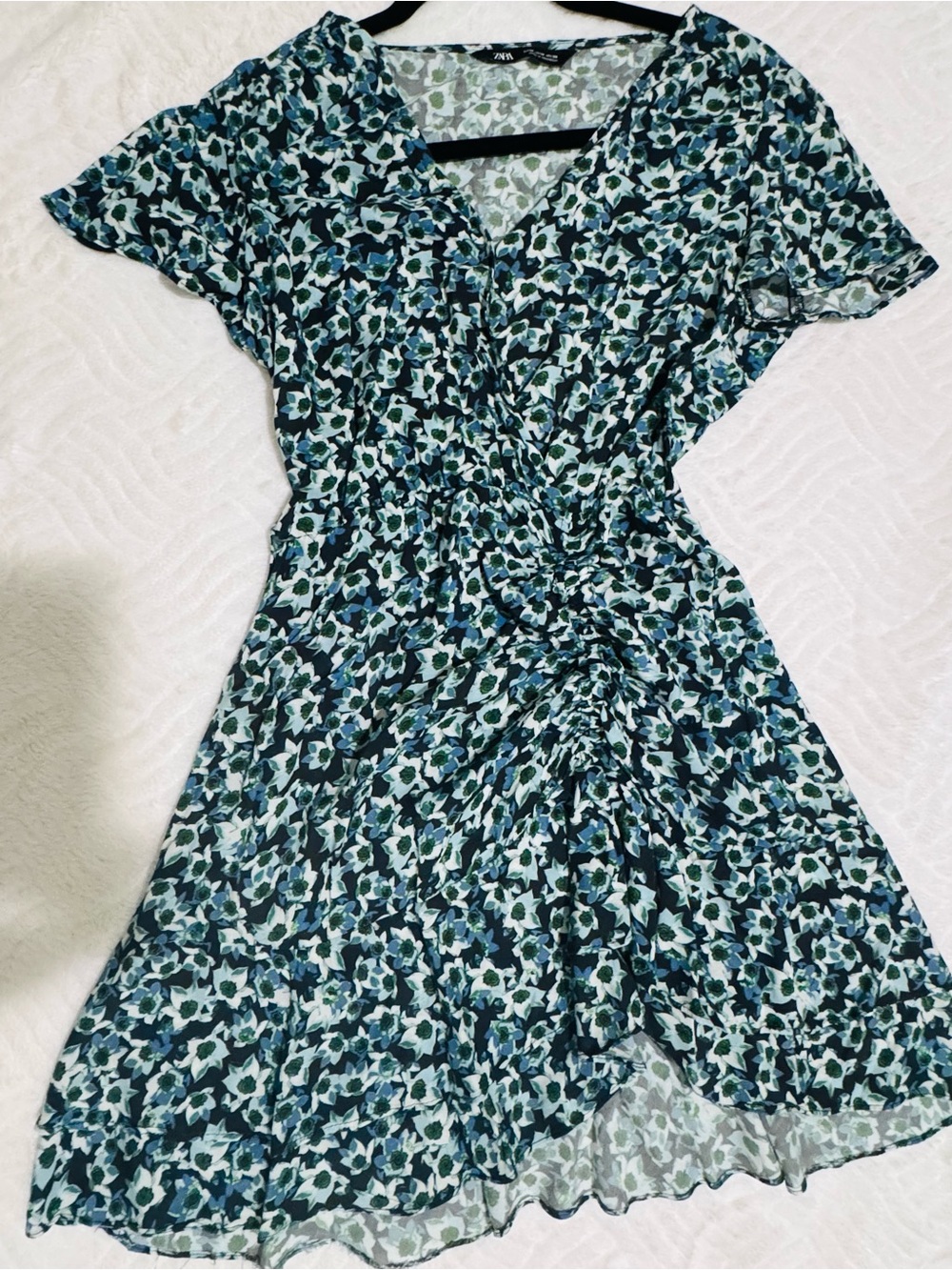 ZARA-Floral Wrap-Style Blue & Green Mini Dress